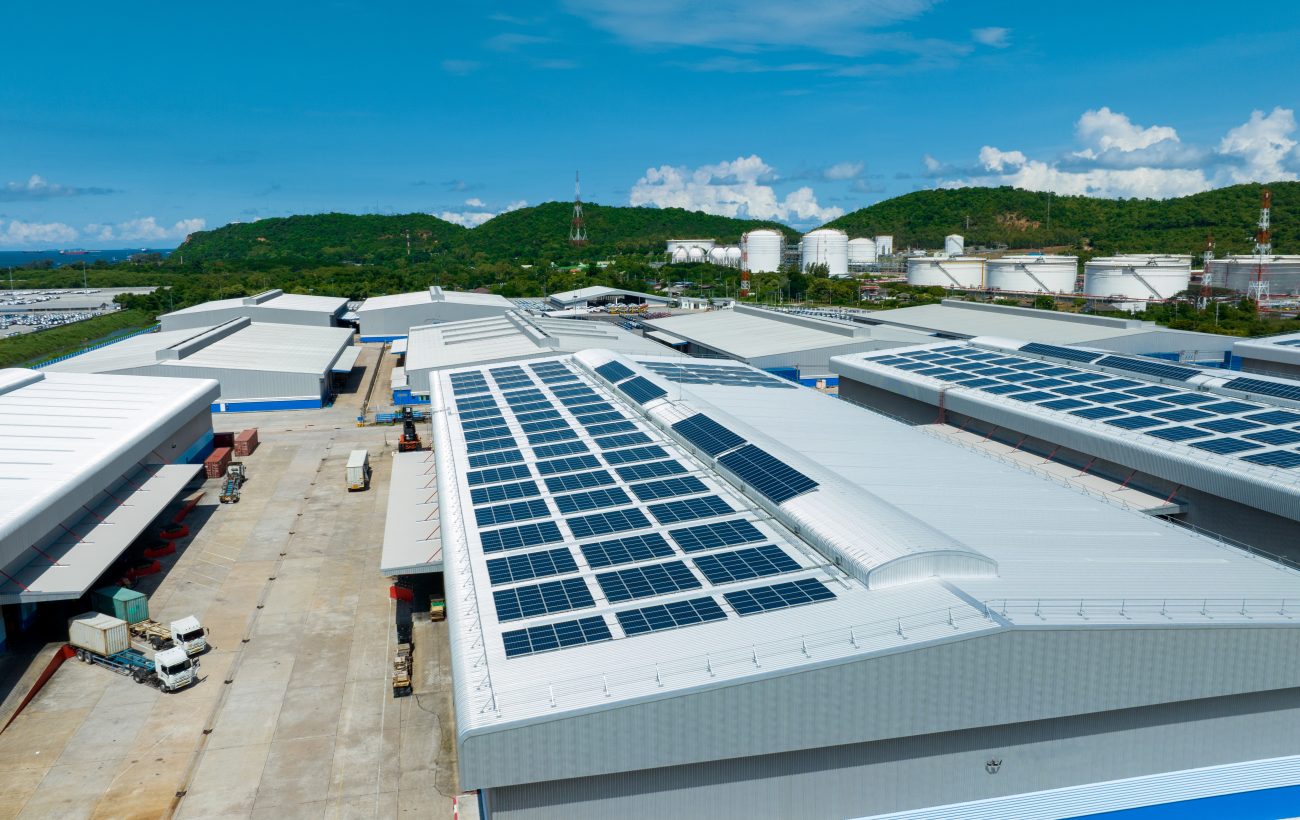 Top view Solar Cell on Warehouse Factory. Solor photo voltaic pa